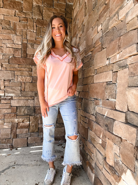 Pink Lace Exposed Seam Tee
