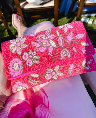 Pink Beaded Envelope Clutch