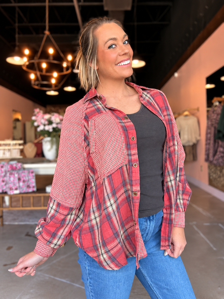 Rustic Charm Mixed Plaid Button Down