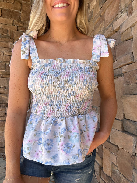 White Floral Tie Top