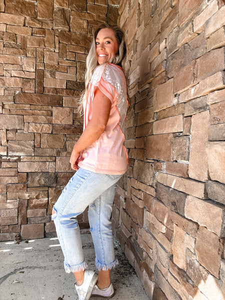 Pink Lace Exposed Seam Tee