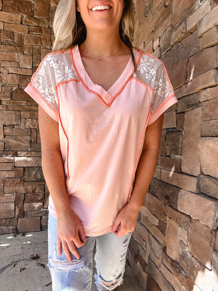 Pink Lace Exposed Seam Tee