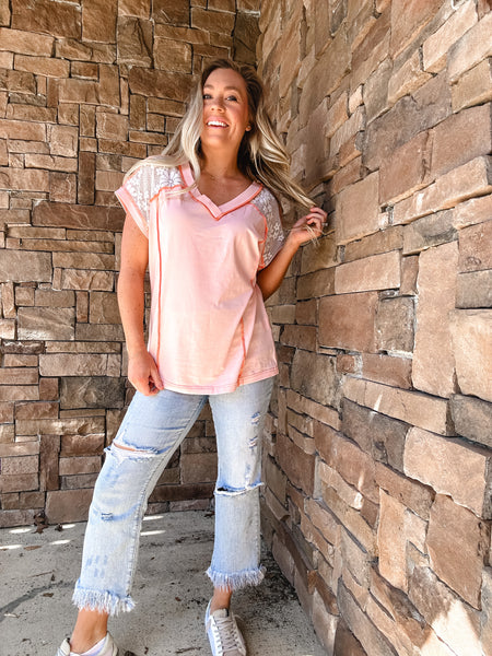 Pink Lace Exposed Seam Tee