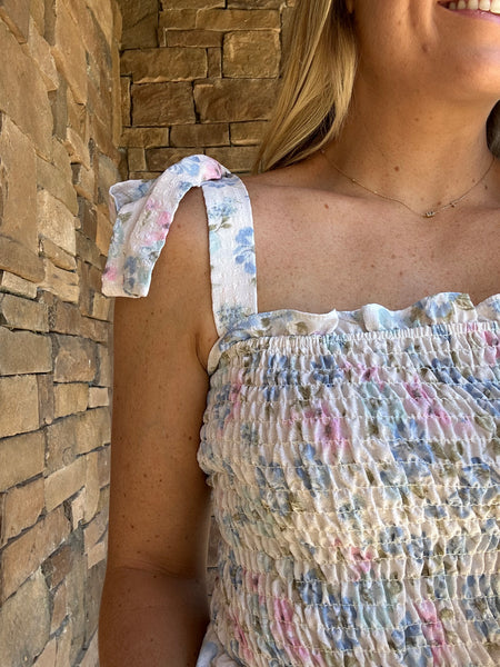 White Floral Tie Top