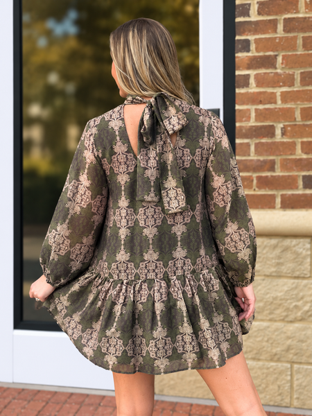 Olive Ornate Tie-Back Dress