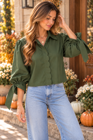 Olive Scallop Tie-Sleeve Top