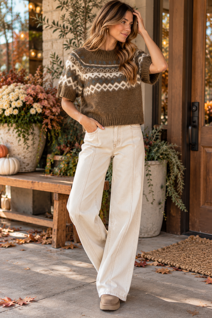 Cozy Fair Isle Short Sleeve Sweater