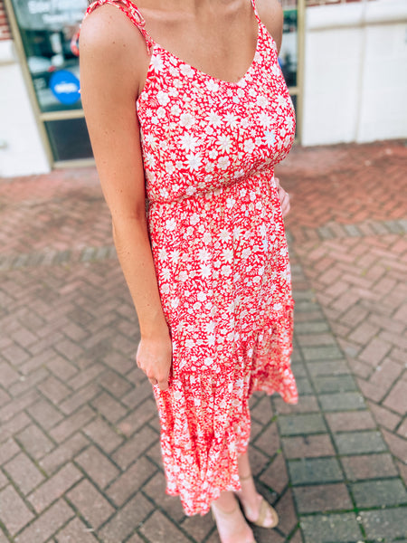 Red Floral Midi Dress
