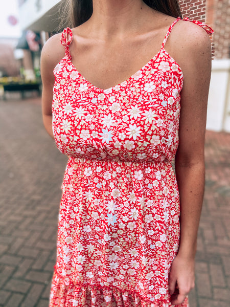 Red Floral Midi Dress