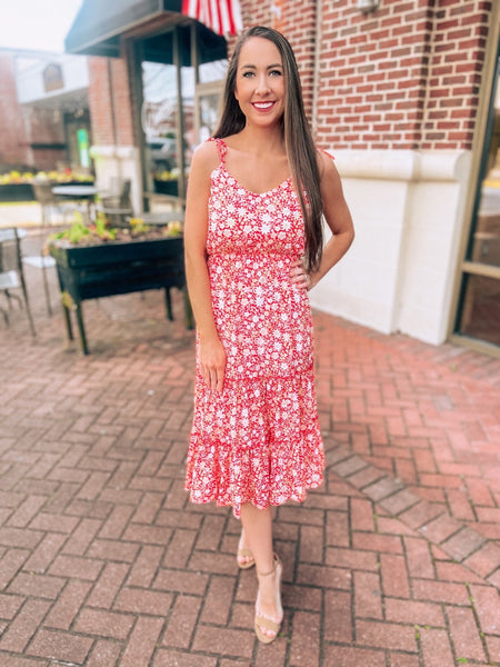 Red Floral Midi Dress