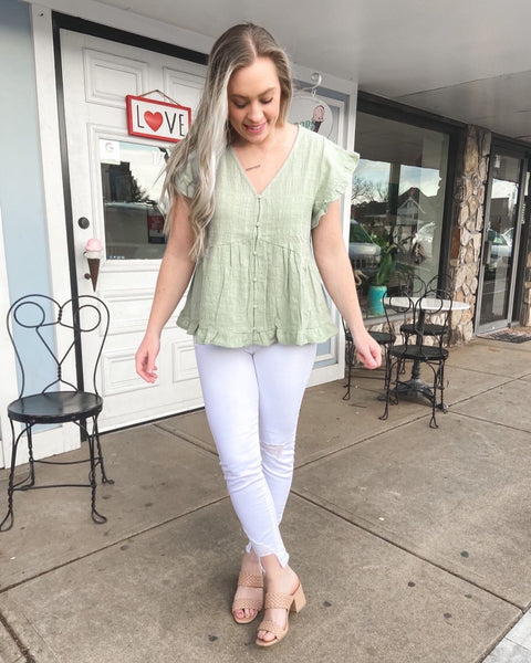 Green Ruffle Button Down