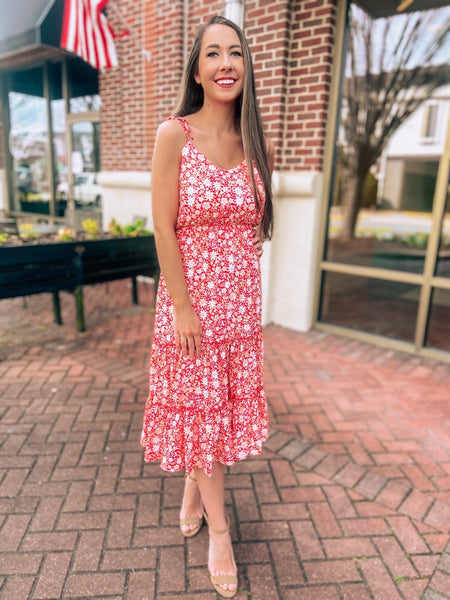 Red Floral Midi Dress