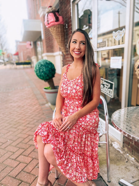 Red Floral Midi Dress