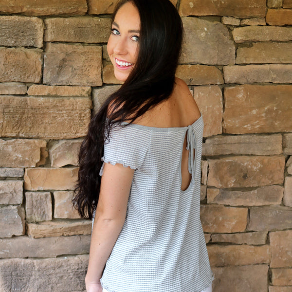 Gray & Ivory Striped Off the Shoulder Top