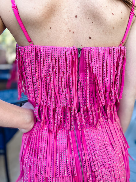 Rhinestone Fringe Crop Top- Pink