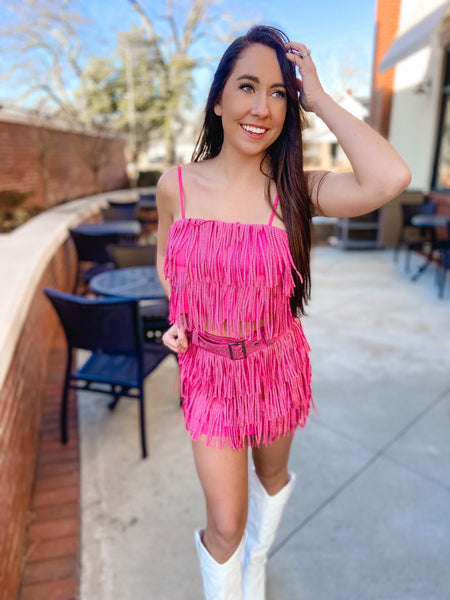 Rhinestone Fringe Crop Top- Pink