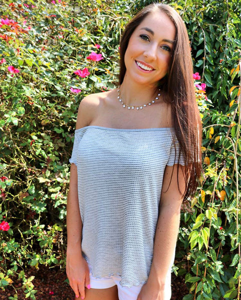 Gray & Ivory Striped Off the Shoulder Top