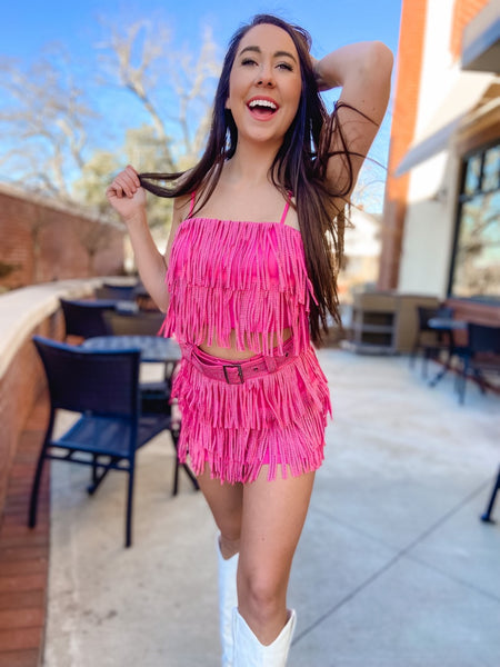 Rhinestone Fringe Crop Top- Pink